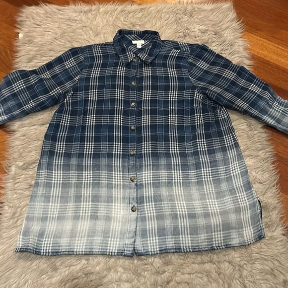 J Jill blue and white plaid cotton ombre long sleeverve button front shirt - Picture 2 of 4